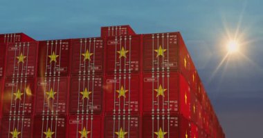 Vietnam, liman terminali iş konseptinde kargo konteynırları ihraç ediyor. Vietnam bayrağı endüstriyel nakliye kutusu 3D.