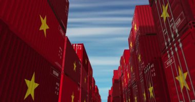 Vietnam export production and import cargo containers in row seamless and loopable business concept. Vietnamese flag industrial shipping box 3d loop.