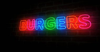 Burgerler neon ışığı sembolü. Hamburger fast food restoranı ampulleri. Soyut konsept 3d illüstrasyon.