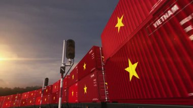 Vietnam ihracat ve ithalat konteynırları demiryolu yük vagonları döngüsünde. İş konsepti tren nakliyesi ve Vietnam bayrağıyla nakliyat. 3 boyutlu döngü ve kusursuz.