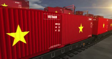 Vietnam ihracat ve ithalat konteynırları yük vagonları döngüsünde. İş konsepti, tren taşımacılığı ve Vietnam bayrağıyla nakliye. 3B döngü ve kusursuz canlandırma.