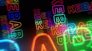 Kebap barın neon sembolü. Renkli ampuller. Izgara et fast food restoranı soyut, dikişsiz ve kavramsal tünel animasyonunda uçuyor..