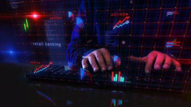 Satış bankacılığı para iş grafikleri ve grafikleri insan klavyesiyle klavye yazma şeması. Dijital analiz ve 3D ekran görüntüsü üzerine rapor.