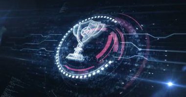 Oyun kupası kazanan spor kupası dijital konsepti. Siber teknoloji ve bilgisayar arkaplanı soyut 3D animasyon. Kusursuz ve döngüsüz.