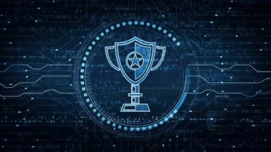 Oyun kupası kazanan spor kupası sembolü soyut dijital konsept. Ağ, siber teknoloji ve bilgisayar arkaplanı pürüzsüz ve döngülü.