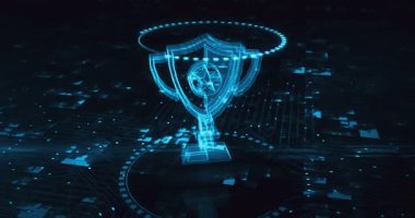 Oyun kupası kazanan spor kupası hologram sembolü dijital arkaplanda görünüyor. Ağ, siber teknoloji ve bilgisayar soyut konsepti 3D animasyon.