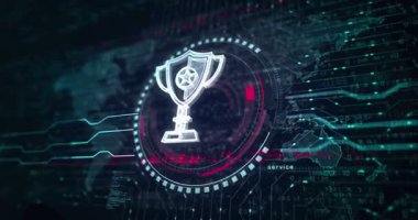Oyun kupası kazanan spor kupası sembolü soyut dijital konsept. Küresel ağ ve siber teknoloji arkaplanı pürüzsüz ve döngülü 3D animasyon.
