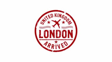 Londra İngiltere damgası ve el damgası darbesi ile izole edilmiş animasyon geldi. İngiltere 'ye varış 3 boyutlu konsept. Alfa mat kanalı.