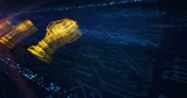 Oyun kupası kazanan spor kupası hologram sembolü elektronik devre arka planında görünüyor. Ağ, siber teknoloji ve bilgisayar soyut kavramı.