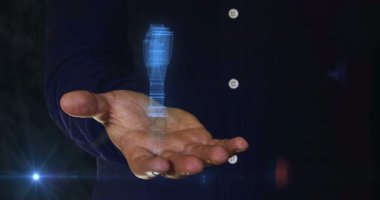 Oyun kupası kazanan 3 boyutlu spor kupası sembolü insan elinin üstünde. Siber teknoloji simgesi soyut kavram kusursuz ve döngüsel.