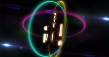 5G mobil kablosuz ağ ve akıllı telefon iletişimi altın metal sembolü dönen neon 3d daireli ve kusursuz animasyon