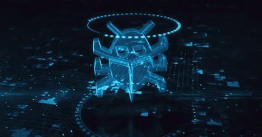 Solucan siber güvenlik ve dijital virüs saldırı hologram sembolü dijital arkaplanda görünüyor. Ağ, siber teknoloji ve bilgisayar soyut konsepti 3D animasyon.