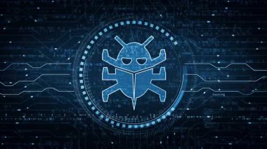 Solucan siber güvenlik ve dijital virüs saldırı sembolü soyut dijital konsept. Ağ, siber teknoloji ve bilgisayar arkaplanı pürüzsüz ve döngülü.