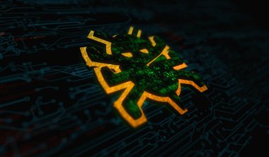 Solucan siber güvenlik ve dijital virüs saldırısı dijital konsepti. Ağ, siber teknoloji ve bilgisayar arkaplanı soyut 3D resimleme.