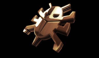 Solucan siber güvenlik ve dijital virüs, altın metal parlak sembol kavramına saldırıyor. Görkemli parlama ve yansıtma ışığı simgesi soyut nesne 3d illüstrasyon.