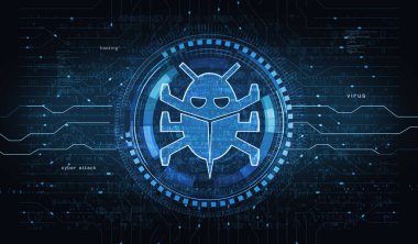 Solucan siber güvenlik ve dijital virüs saldırısı dijital konsepti. Ağ, siber teknoloji ve bilgisayar arkaplanı soyut 3D resimleme.