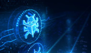 Solucan siber güvenlik ve dijital virüs saldırısı dijital konsepti. Ağ, siber teknoloji ve bilgisayar arkaplanı soyut 3D resimleme.