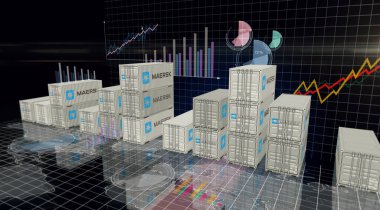 Poznan, Polonya, 3 Ağustos 2025: Haritalar ve diyagramlar üzerinde Maersk kargo konteynerleri. Lojistik şirketi endüstriyel nakliye kutusu 3D çizim.