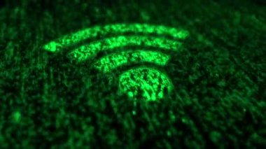Kablosuz mobil iletişim ve internet servis noktası matris biçimi. Yeşil dijital yağmur arkaplan canlandırması üzerindeki soyut simge.