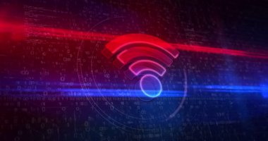 Kablosuz mobil iletişim ve soyut dijital arkaplanda internet yardım noktası sembolü. 3D parlayan simge siber teknoloji konsepti animasyon.