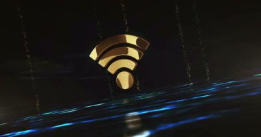 Kablosuz mobil iletişim ve yeşil dijital arka planda internet ışık noktası sembolü. Soyut 3D altın metal parlayan simge animasyonu.