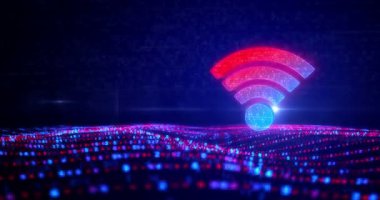 Kablosuz mobil iletişim ve dijital dalgalarda internet noktası sembolü. Dijital deniz üzerindeki soyut simge ve akan siber dalgalar arkaplan canlandırması.