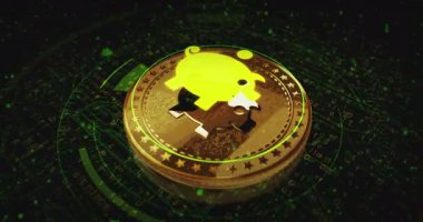 Kumbaradaki altın para kutusu dönüyor. Kamera 3 boyutlu metal parlaklıklar etrafında döner. Fintech, çevrimiçi ödeme ve dijital işlem soyut kavramı.