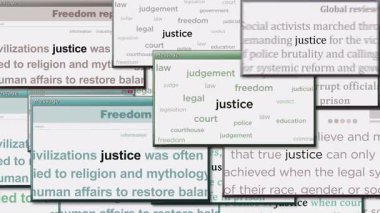 Adalet ve hukuk bilgisayar ekranında bir anda beliriveriyor. Medya boyunca haber başlıklarının soyut konsepti. Kusursuz ve döngülü ekran.