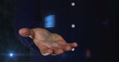 2026 yılında, insan elinin üzerinde yeni bir gelecekçi neon 3D sembol. Siber teknoloji simgesi soyut kavram kusursuz ve döngüsel.