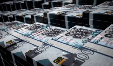 Gana Cedi Ghanaian para paketi 3D resim. 100 GHS banknot destesi. Maliye, nakit, ekonomi krizi, iş başarısı, durgunluk, banka, vergi ve borç kavramı.