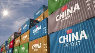 Çin, kusursuz ve döngüsüz olarak kargo konteynırlarını ihraç ediyor ve ithal ediyor. Çin bayrağı endüstriyel nakliye kutusu 3D döngü.