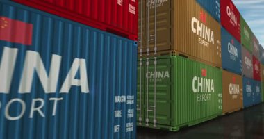 Çin kargo konteynırlarını kusursuz ve geri dönüşümlü iş konseptiyle ihraç edip ihraç ediyor. Çin bayrağı endüstriyel nakliye kutusu 3D döngü.