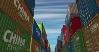 Çin kargo konteynırlarını kusursuz ve geri dönüşümlü iş konseptiyle ihraç edip ihraç ediyor. Çin bayrağı endüstriyel nakliye kutusu 3D döngü.