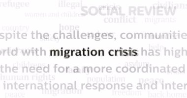 Göç krizi ve mülteciler uluslararası medyada manşet oluyorlar. Ekranlardaki internet haber başlıklarının soyut kavramı. Kusursuz ve döngülü animasyon.