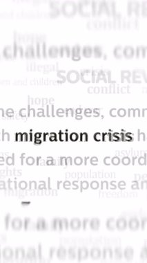 Dikey video: Göç krizi ve mülteciler uluslararası medyada manşet haberleri. Ekranlarda düzgün döngülü internet haber başlıklarının soyut kavramı.