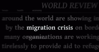 Göç krizi ve mülteciler uluslararası medyada sorunsuz bir şekilde manşet oldular. Ekranlarda yayınlanan soyut konsept haber başlıkları.