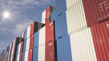France export production and import cargo containers in row seamless and looping concept. France flag industrial shipping box 3d loop.
