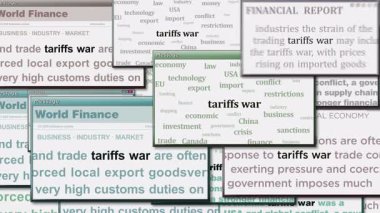 Tariffs war and import taxes pop up windows on computer screen. Abstract concept of news titles across media. Seamless and looped display.