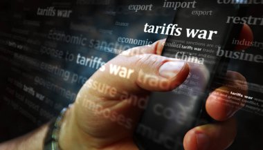 Tariffs war and import taxes social media on display. Searching on tablet, pad, phone or smartphone screen in hand. Abstract concept of news titles 3d illustration.