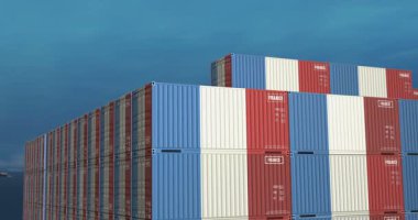 France export production and import containers on a cargo ship. Business concept of transport and shipping with a France flag. 3D Drone view.