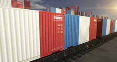 France export production and import containers on a freight wagons loop. Business concept of railway train transport and shipping with a France flag. 3D loopable and seamless animation.