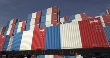 France export production and import containers on a freight wagons loop. Business concept of railway train transport and shipping with a France flag. 3D loopable and seamless animation.