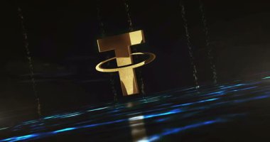 Tether stablecoin crypto currency USDT digital dollar shine symbol on green digital background. Abstract 3d golden metal glowing icon animation.