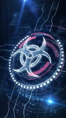 Vertical video: Biohazard virus warning symbol digital concept. Network, cyber technology and computer background abstract 3d seamless and loopable.