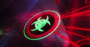 Biohazard virus warning symbol digital concept. Cyber technology and computer network background abstract 3d animation.
