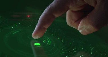 Biohazard virus warning symbol digital abstract 3d concept. Finger touch screen. Cyber technology and network background. Man pushes computer display.