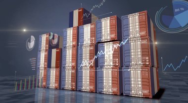 Fransa kargo konteynırlarını harita ve diyagramlara göre ihraç edip ithal ediyor. Fransız bayrağı endüstriyel nakliye kutusu 3D görüntü.