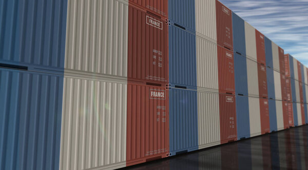 France export production and import cargo containers in row business concept. French flag industrial shipping box 3d illustration.