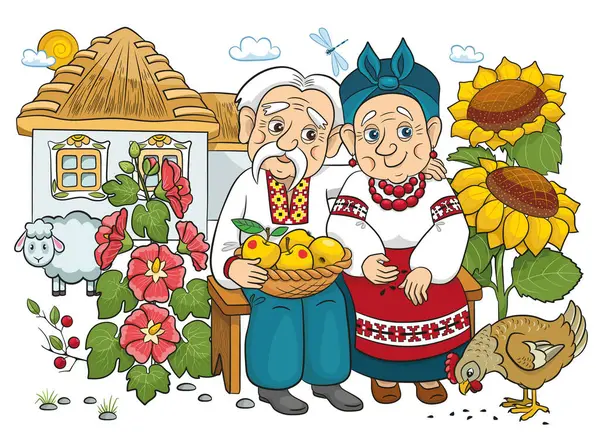 祖父和祖母的漫画 人的媒介 鸡和金蛋的故事 乌克兰民间传说 乌克兰图例 — 图库矢量图片#