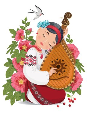 Bandura vektörü. Bir kız müzik aleti çalıyor. Ukrayna folkloru. Mallow çiçek vektörü